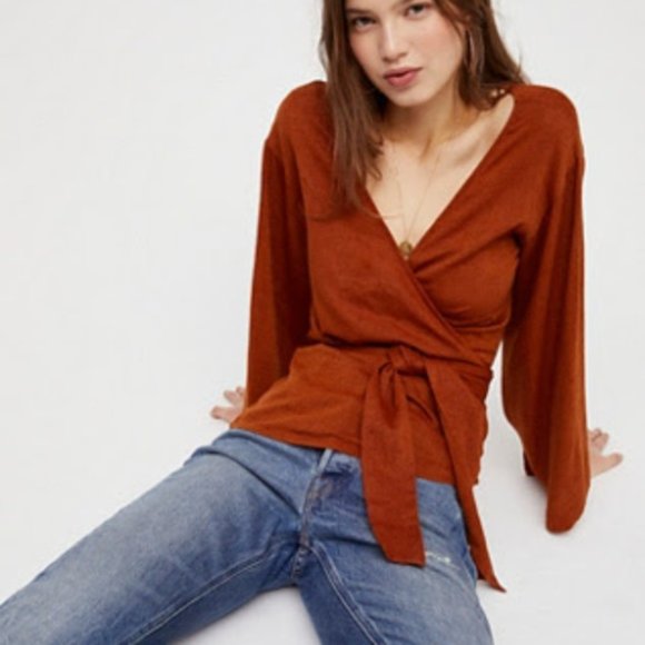 Free People Tops - Free People Burnt Orange Bell Sleeve Wrap Blouse